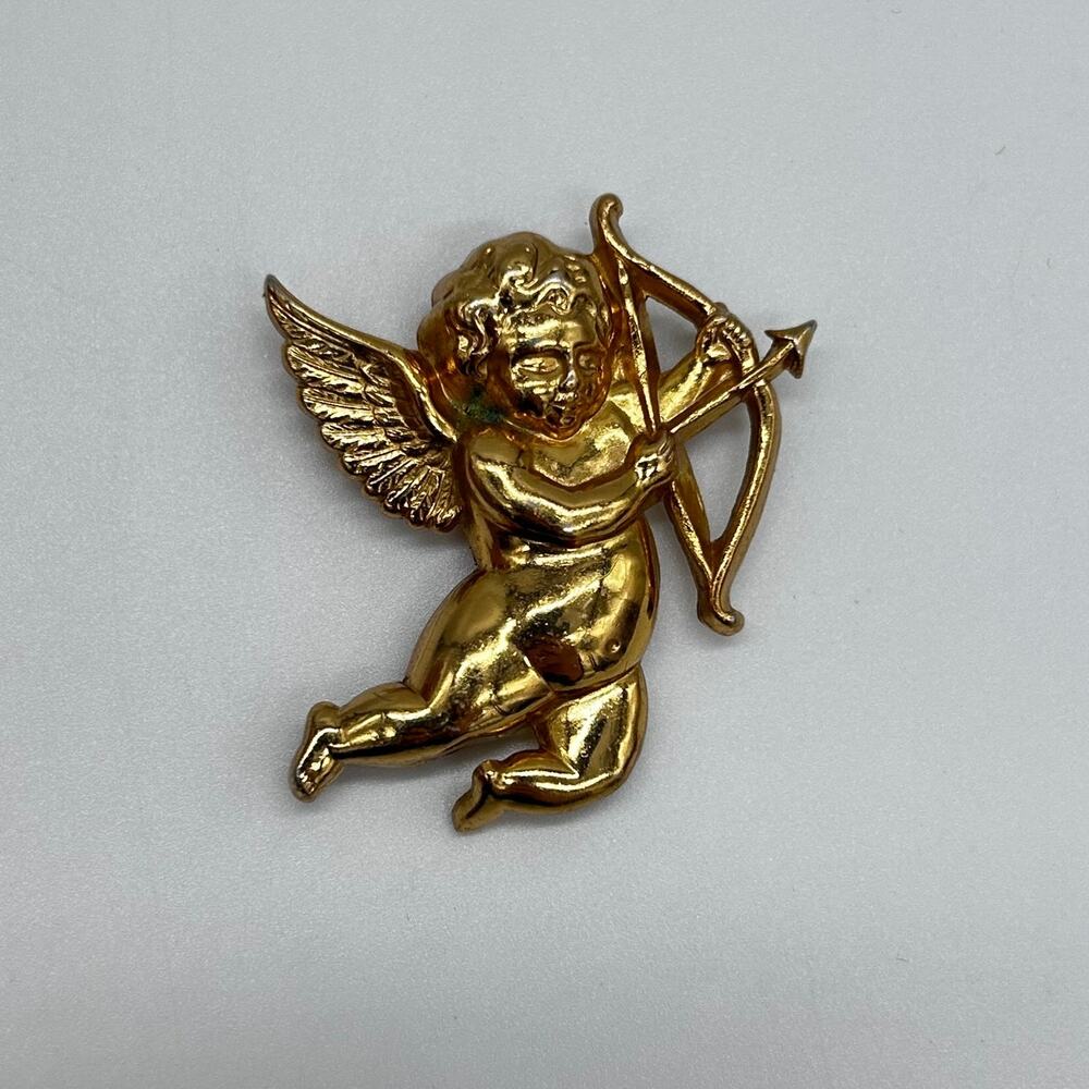 Vintage Cherub Brooch Cupid Bow Arrow Gold Tone Pin Signed Coro Costume Jewelry